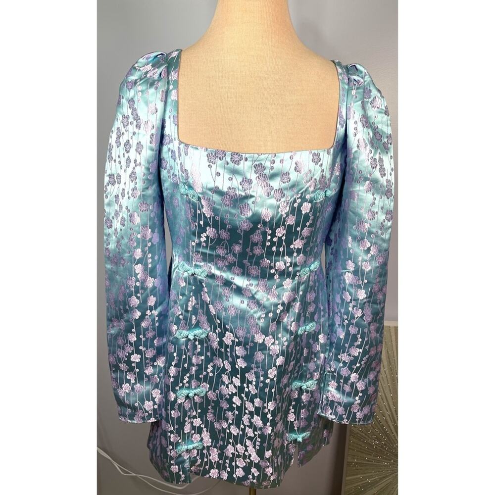 SAU LEE Jen Chinese Jacquard Floral Long Sleeve Mini Dress in Blue Size 12 - Picture 8 of 15